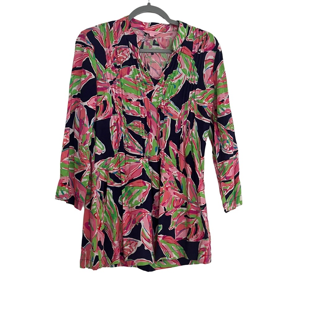Lilly Pulitzer Elsa Tunic Women S Navy Pink Green Floral Rayon Excellent Pleated